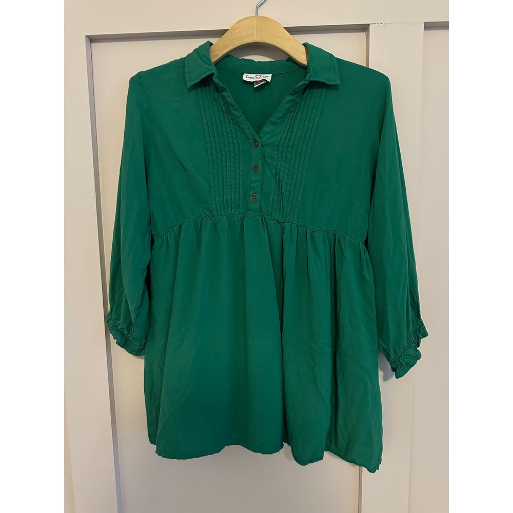 Times Two Maternity Tunic Top Medium Green Rayon Pintuck Empire Waist 3/4 Sleeve